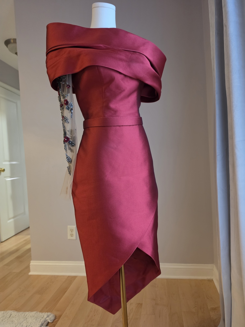 One-Shoulder Rose Red Satin Sheath Dress with Draped Neckline